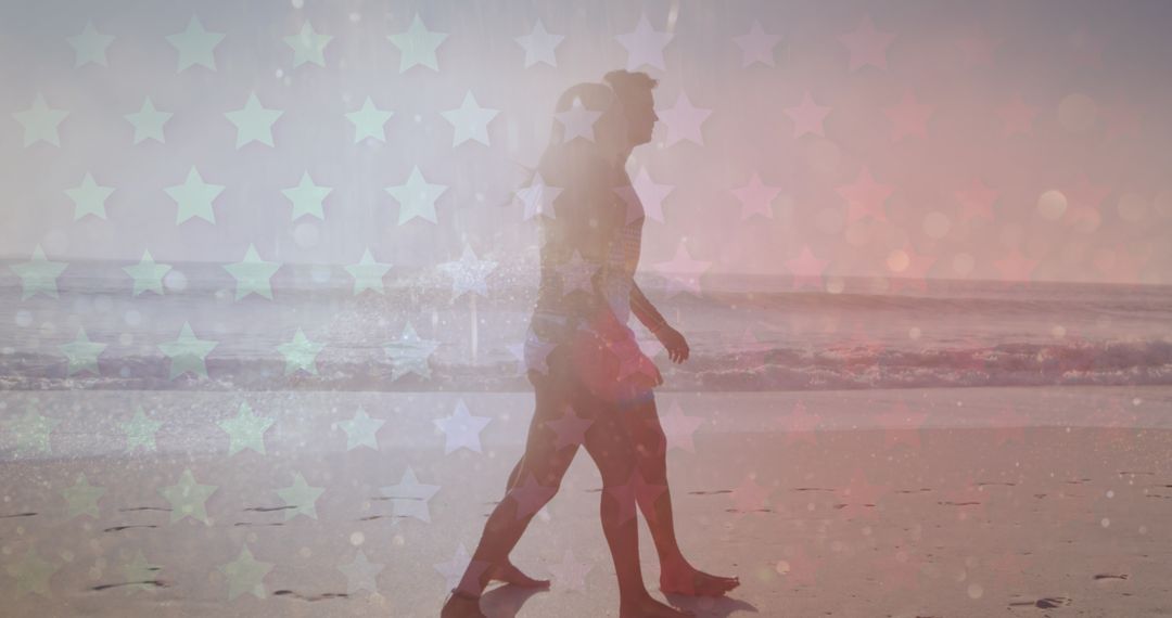 Couple Walking on Beach with Dreamy Stars Overlay - Free Images, Stock Photos and Pictures on Pikwizard.com