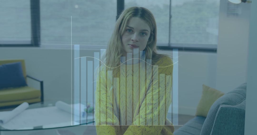 Businesswoman Analyzing Financial Data with Bar Graph Overlay