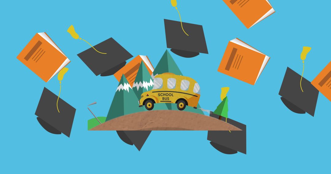 School Bus Surrounded by Graduating Caps and Books on Blue Background