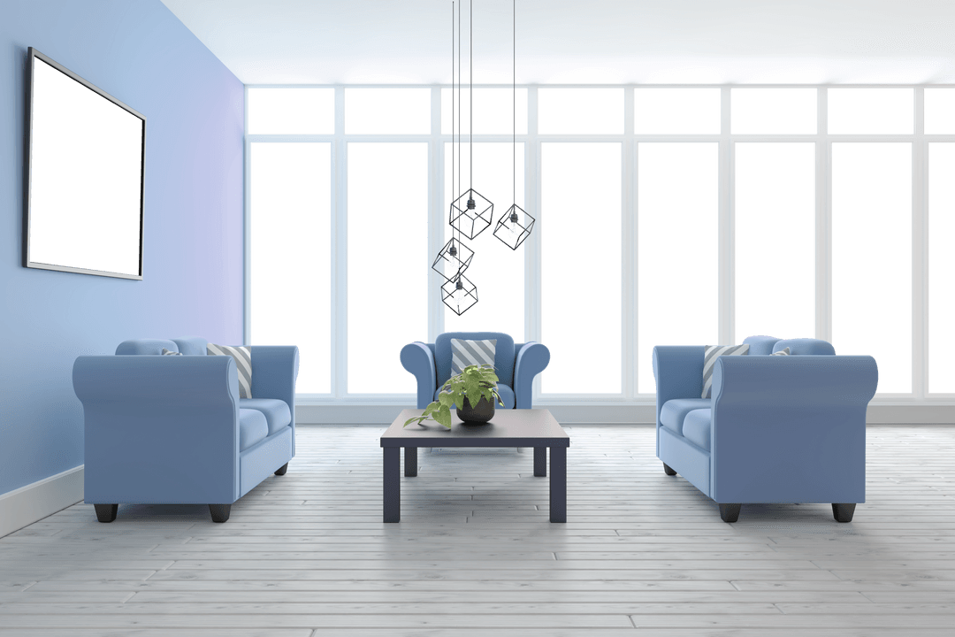 Spacious Transparent Living Room with Modern Blue Sofas and Large Windows