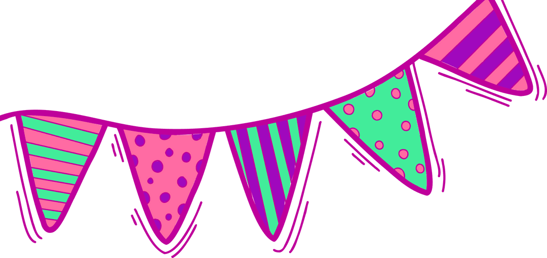 Colorful Festive Pennant Banner with Stripes and Dots on Transparent Background