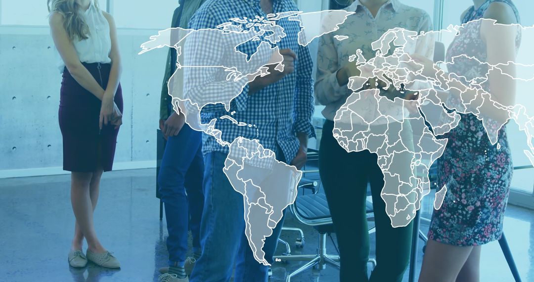 Global Business Strategy Team with World Map Overlay