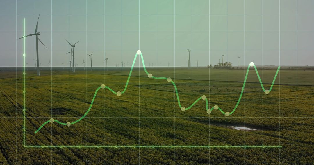 Fluctuating Green Line Graph on Field with Wind Turbines