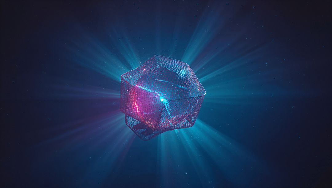 Glowing Wireframe Polyhedron Emitting Neon Beams in Dark Void
