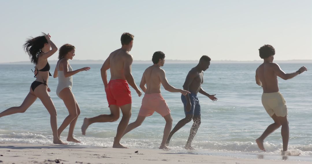 Diverse Group of Friends Enjoying at the Beach, Slow Motion Fun