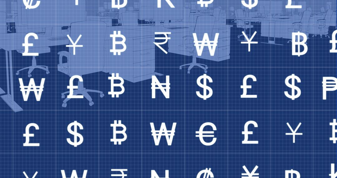 Global Currency Symbols Overlaying High-Tech Office Backdrop