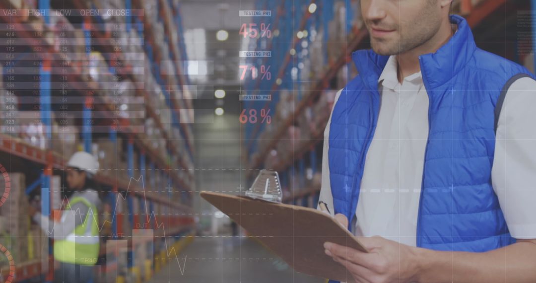 Warehouse Workers Analyzing Inventory Data in Distribution