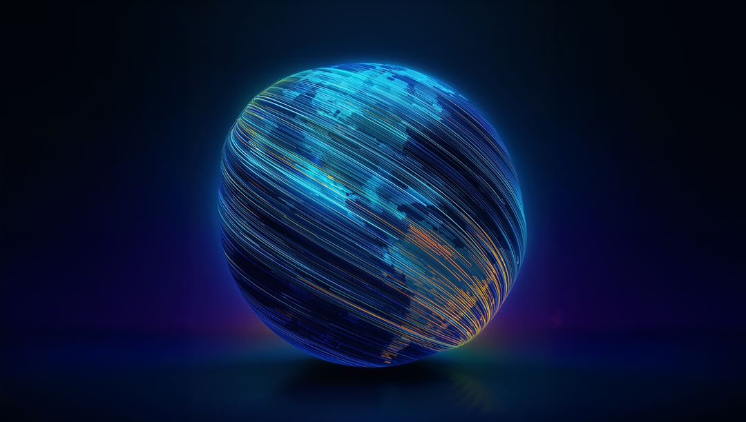 Neon Filament Globe Showing Americas with Digital Motion Lines and Blue Glow