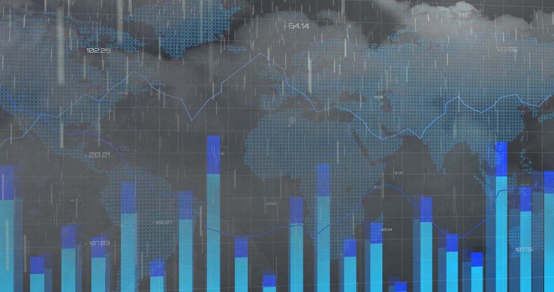 Financial Data with Global Map in Night Rain