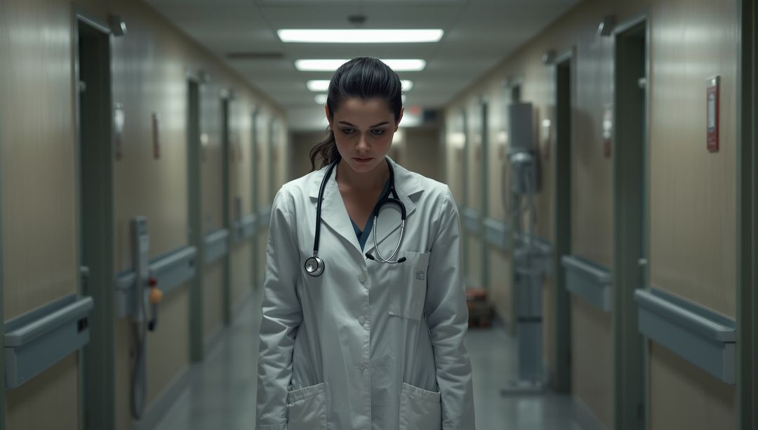 Professional Female Doctor Walking Down Hospital Corridor