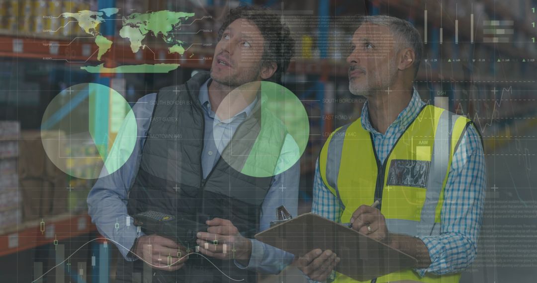 Diverse Workforce Analyzing Data with Digital Interfaces in Warehouse