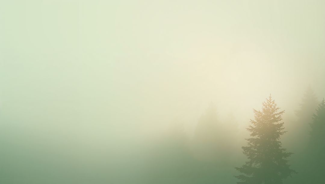Misty Evergreen Silhouette Rising From Foggy Forest Slope With Soft Morning Light