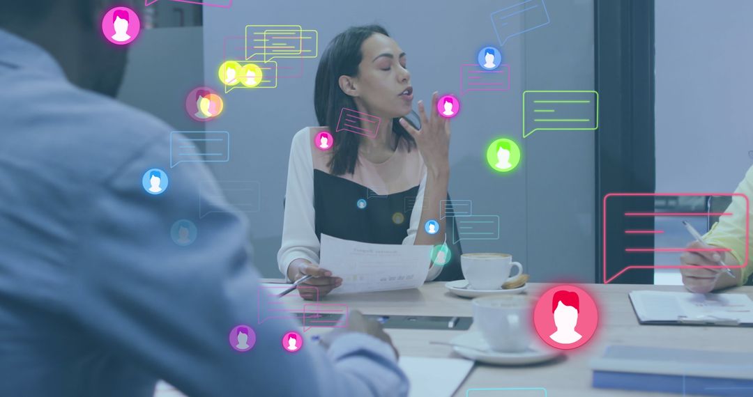 Diverse Team Discussing Ideas with Digital Communication Overlay