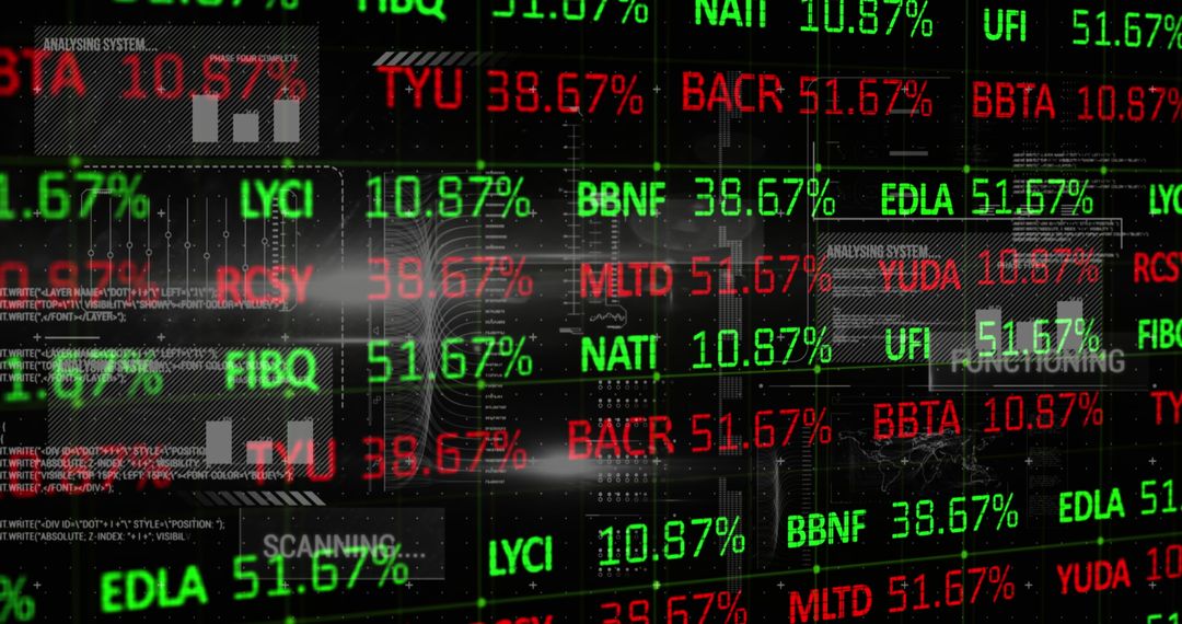 Futuristic Stock Market Interface with Ticker Symbols and Percentages