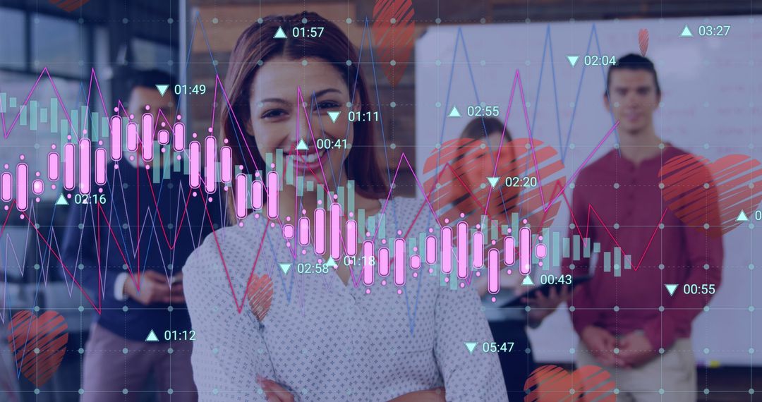 Diverse Coworkers with Emerging Data and Heart Icons in Business Office