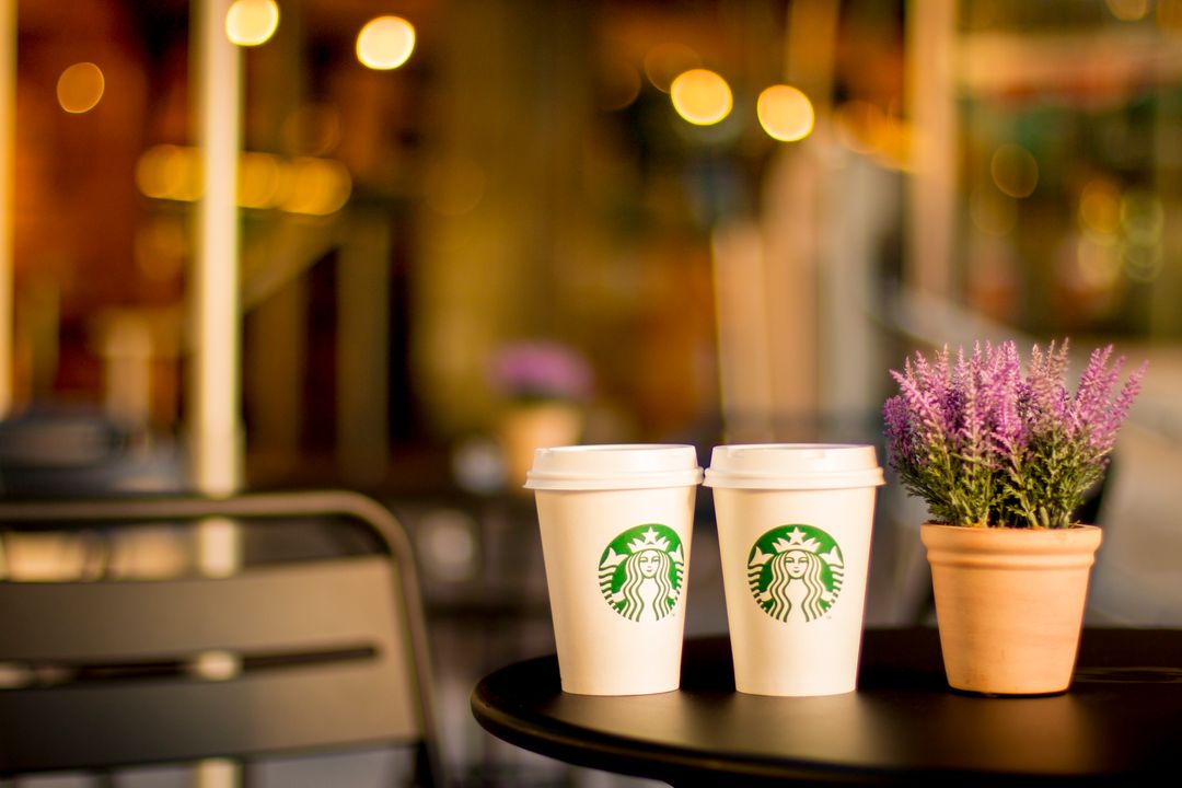 Coffee Cups with Branding on Café Table with Potted Plant - Free Images, Stock Photos and Pictures on Pikwizard.com