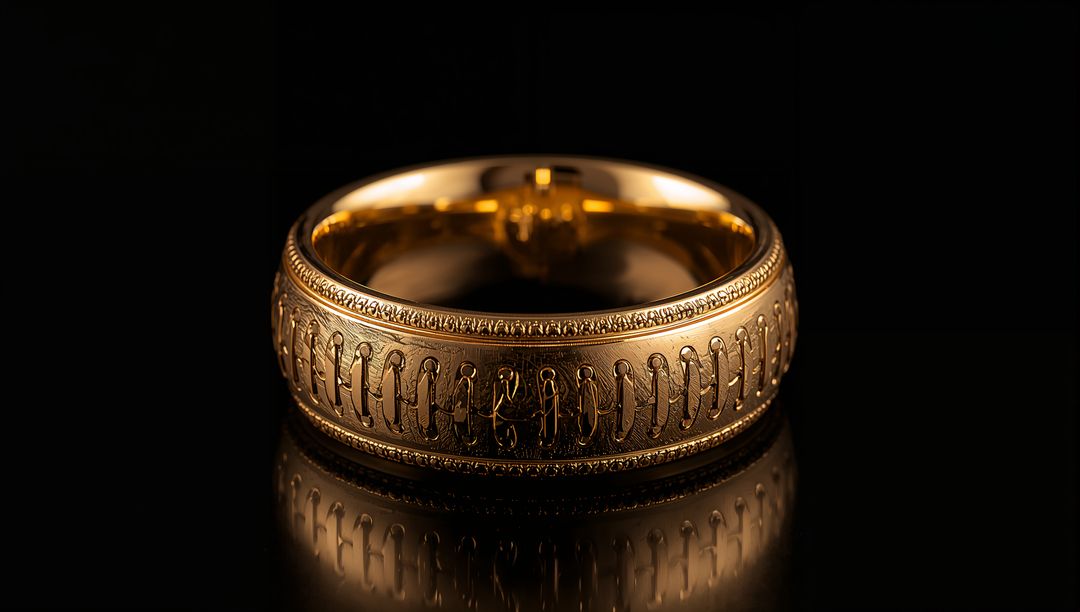 Ornate Engraved Gold Band with Milgrain Border on Reflective Black Surface