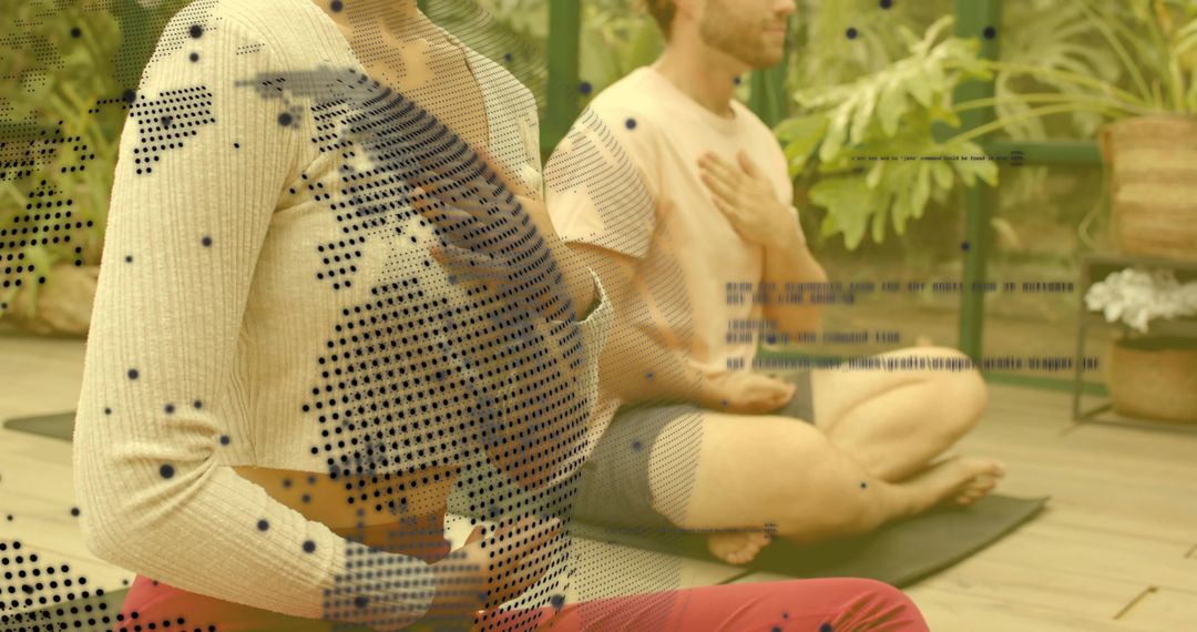 Couple Meditating in Plant Studio with Dotted Digital Overlay for Mindfulness Practice
