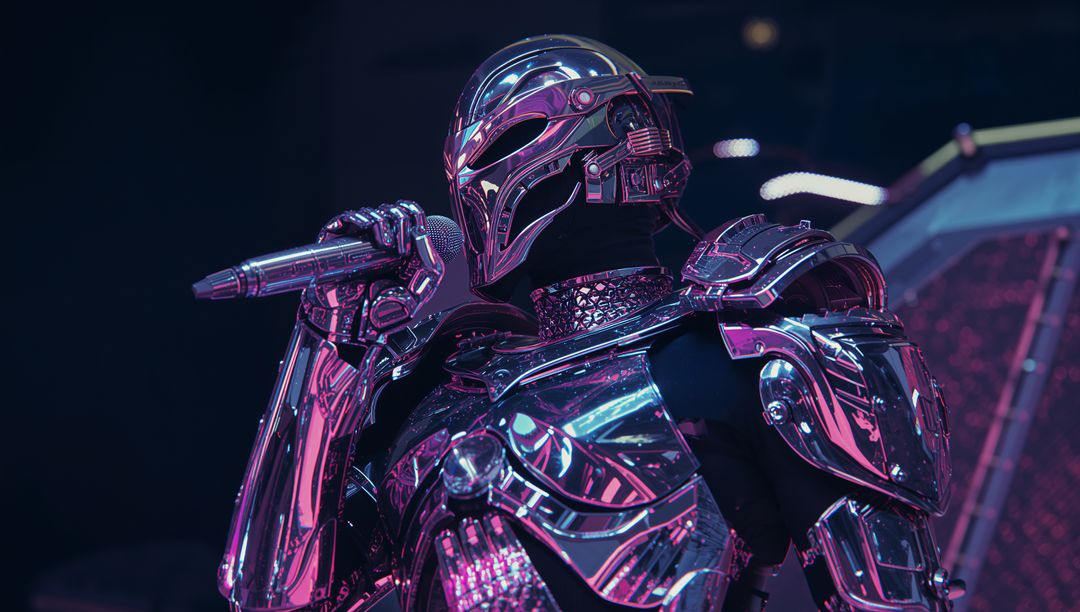 Futuristic Performer with Cyber Helmet Singing on Neon-Lit Stage