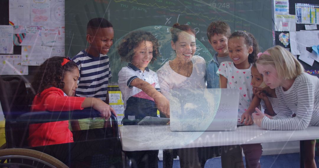 Teacher and Students Exploring Technology in Classroom with Global Connections