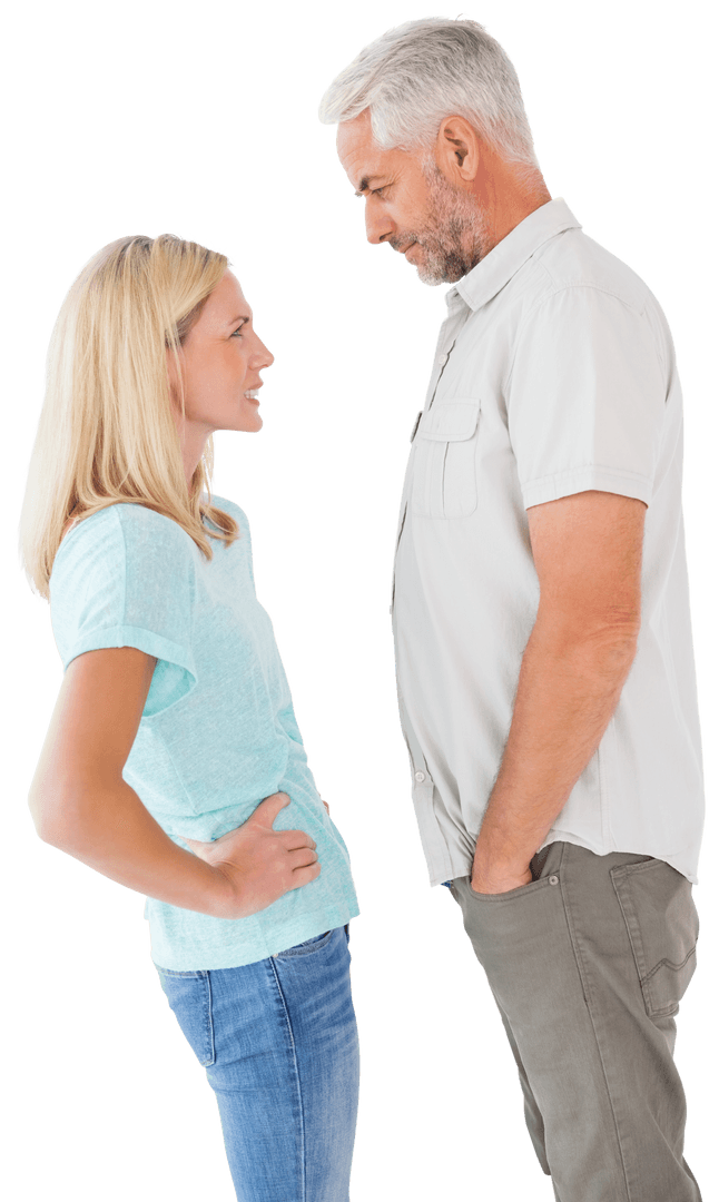 Transparent Couple Facing Off in Argument Pose