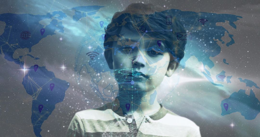 Boy Posing in Futuristic Digital World with Global Connectivity