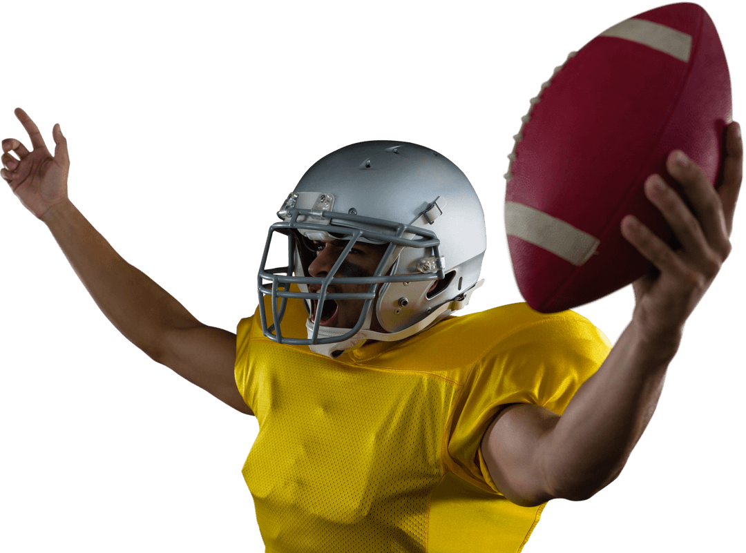 American Football Player Celebrating with Ball on Transparent Background