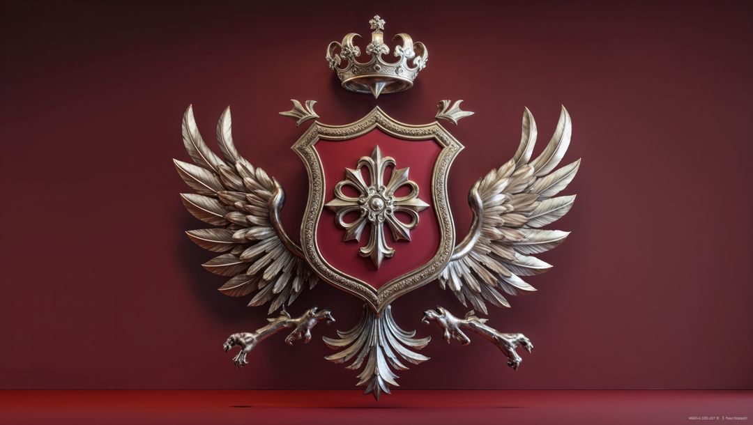 Regal Silver Emblem on Red Wall with Crown and Wings