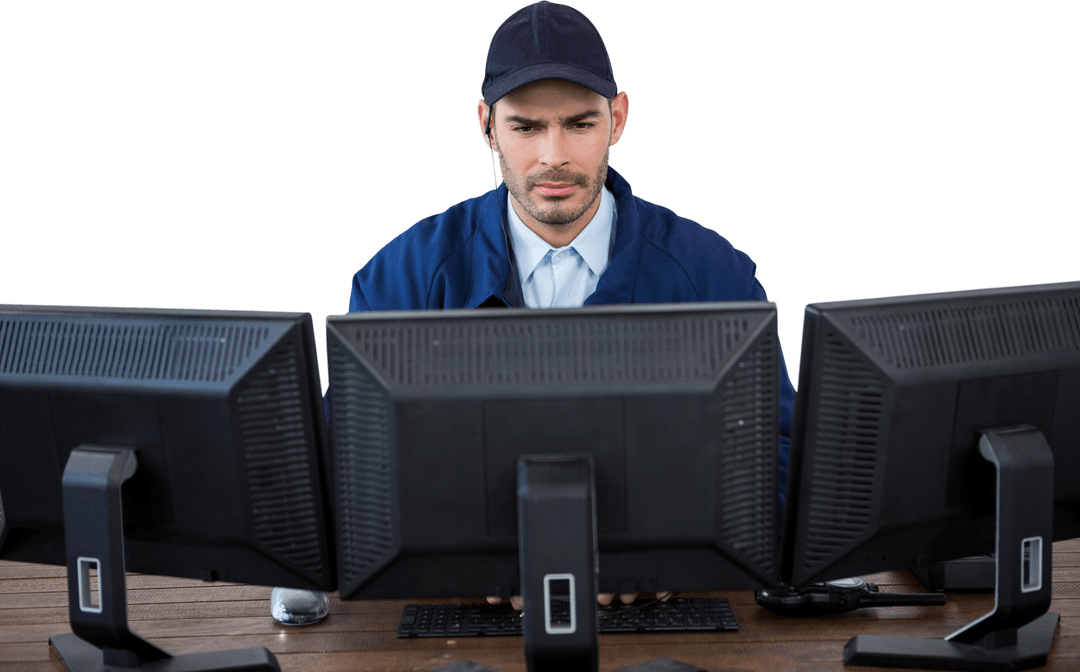 Focused Male Operator Dual Computer Monitor Transparent Background