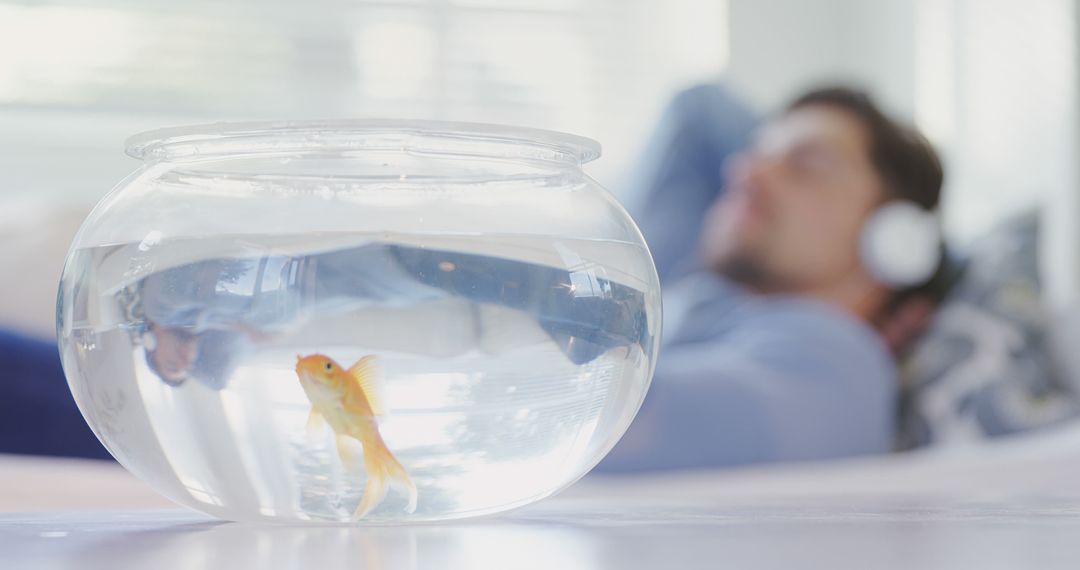 Relaxing Man Listening to Music with Goldfish in Fishbowl - Free Images, Stock Photos and Pictures on Pikwizard.com