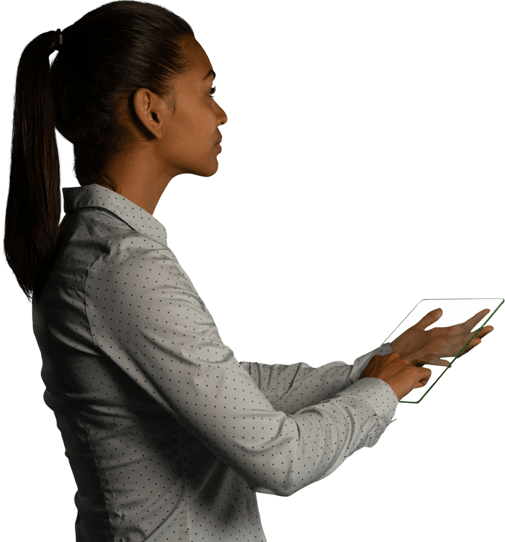 Businesswoman Interacting with Transparent Digital Device