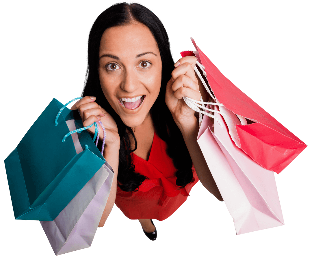 Ecstatic Woman Holding Colorful Shopping Bags Transparent Background
