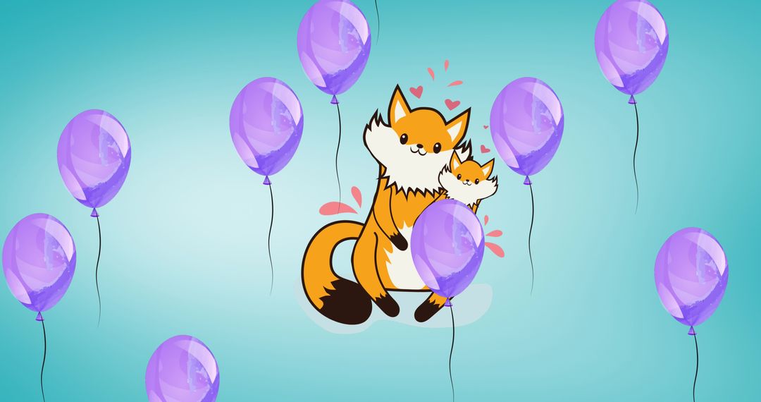 Cartoon fox family embracing with floating purple balloons