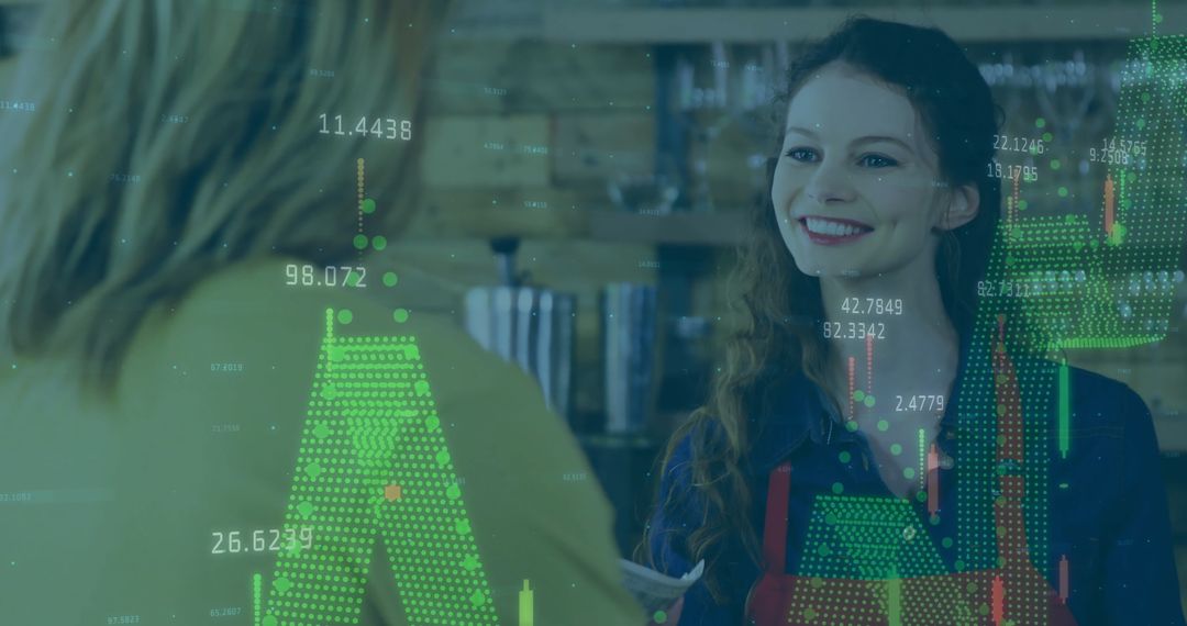 Financial Data Overlay with SMiling Female Cashier in Cafe
