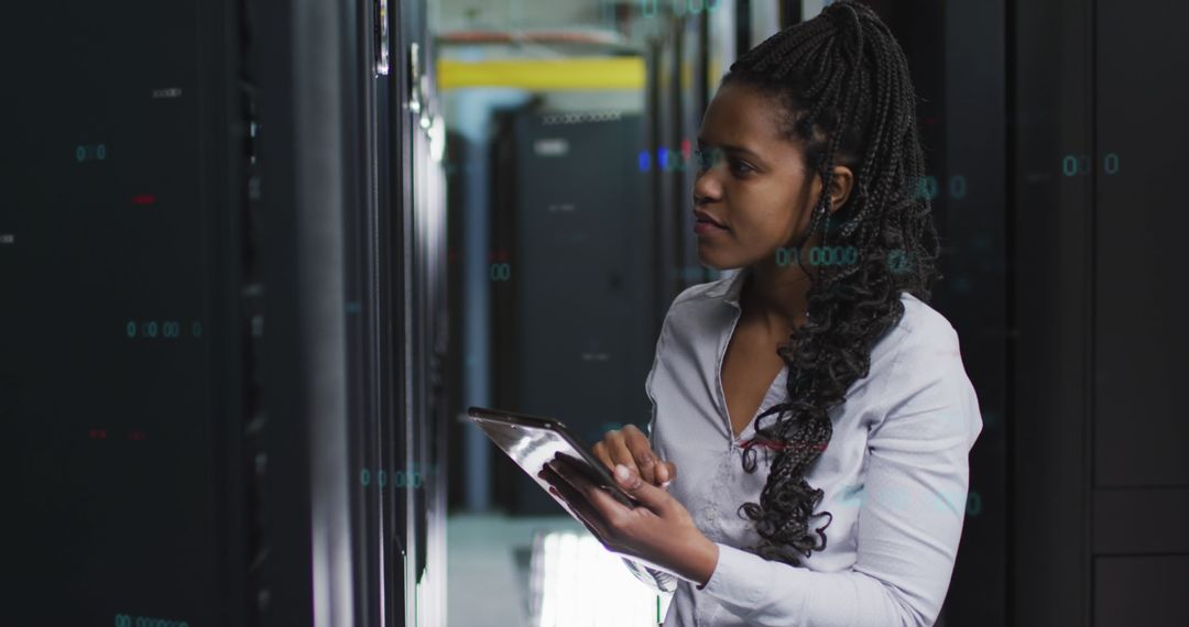 Female IT Engineer Managing Computer Servers in Data Center