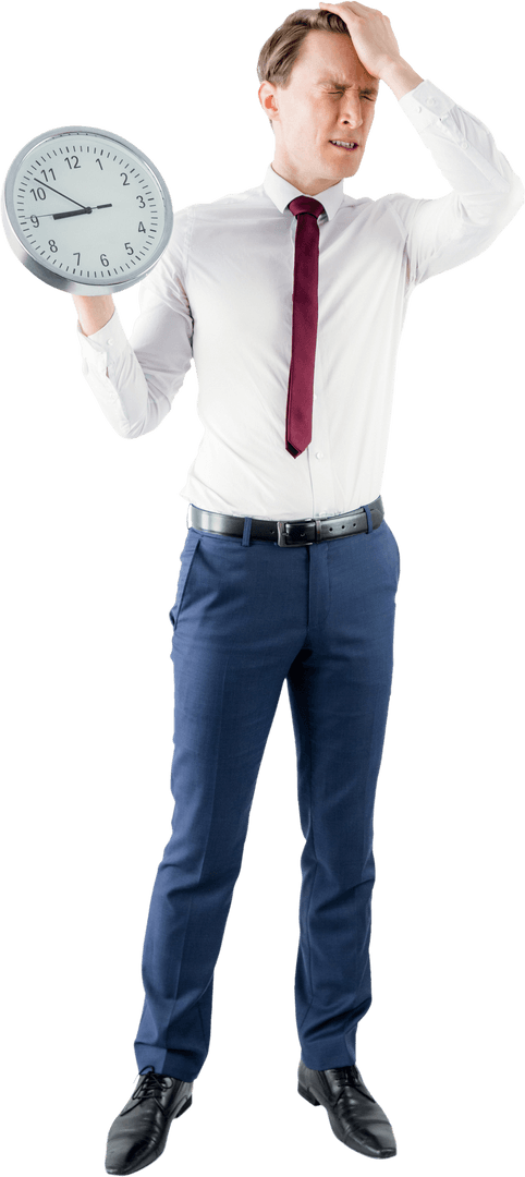 Anxious Businessman Holding Transparent Wall Clock