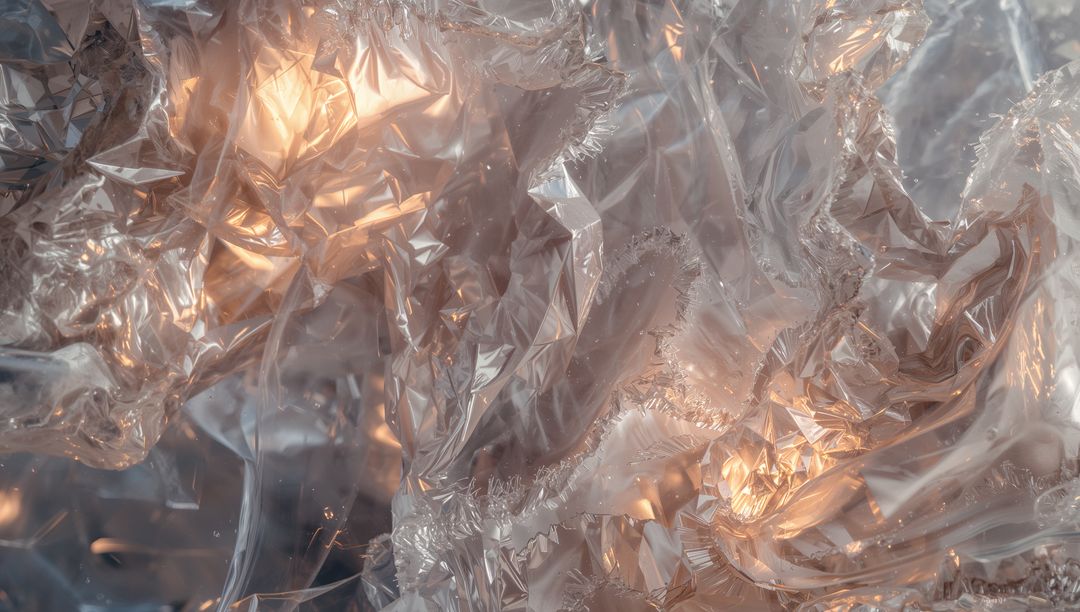Crinkled Translucent Cellophane Glowing with Amber Reflections and Macro Texture