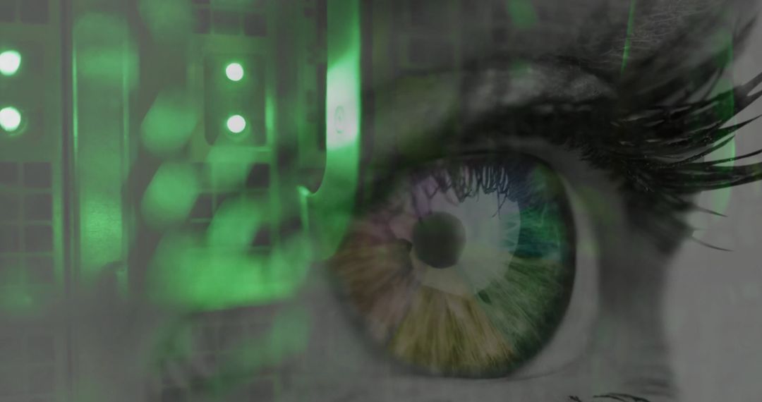 Close-Up of Eye with Cybersecurity Theme and Green Digital Overlay