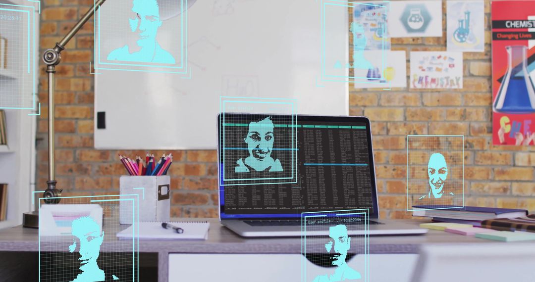 Data Processing with Digital Faces Overlay in Modern Office