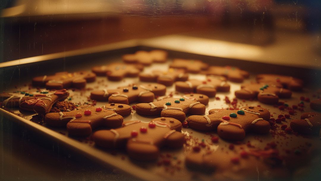 Festive Gingerbread Cookies Cooling on Tray with Icing Decorations