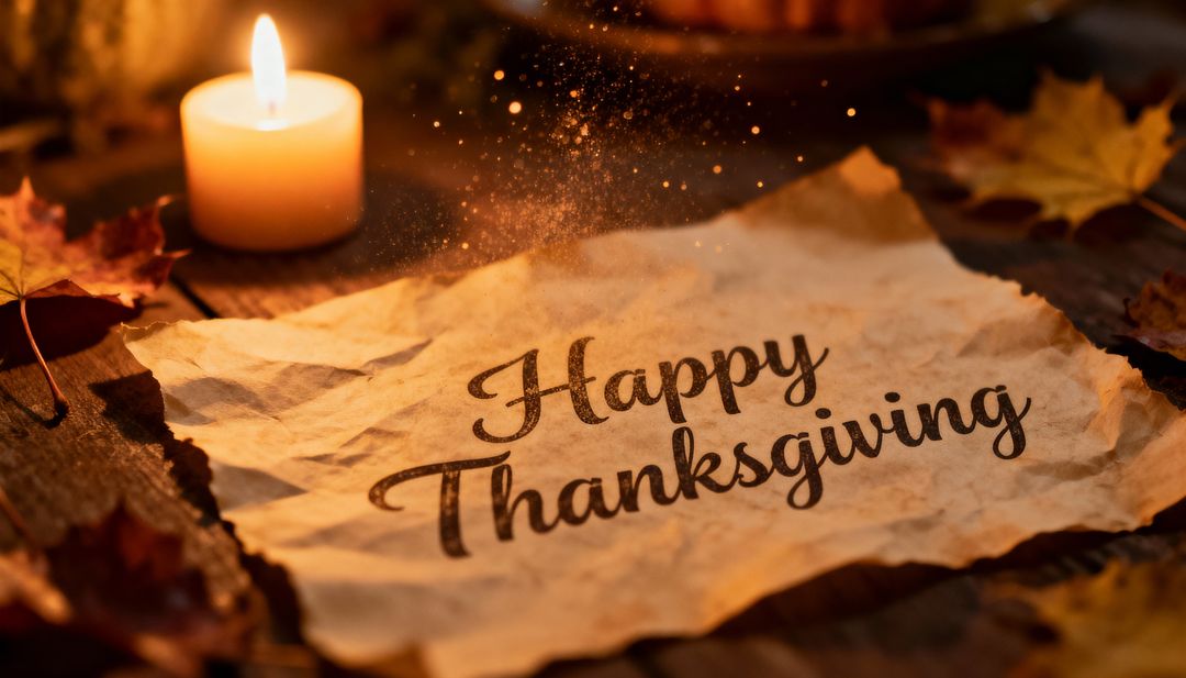 Rustic Thanksgiving Parchment Note Glowing with Candlelight, Autumn Leaves and Festive Sparkles