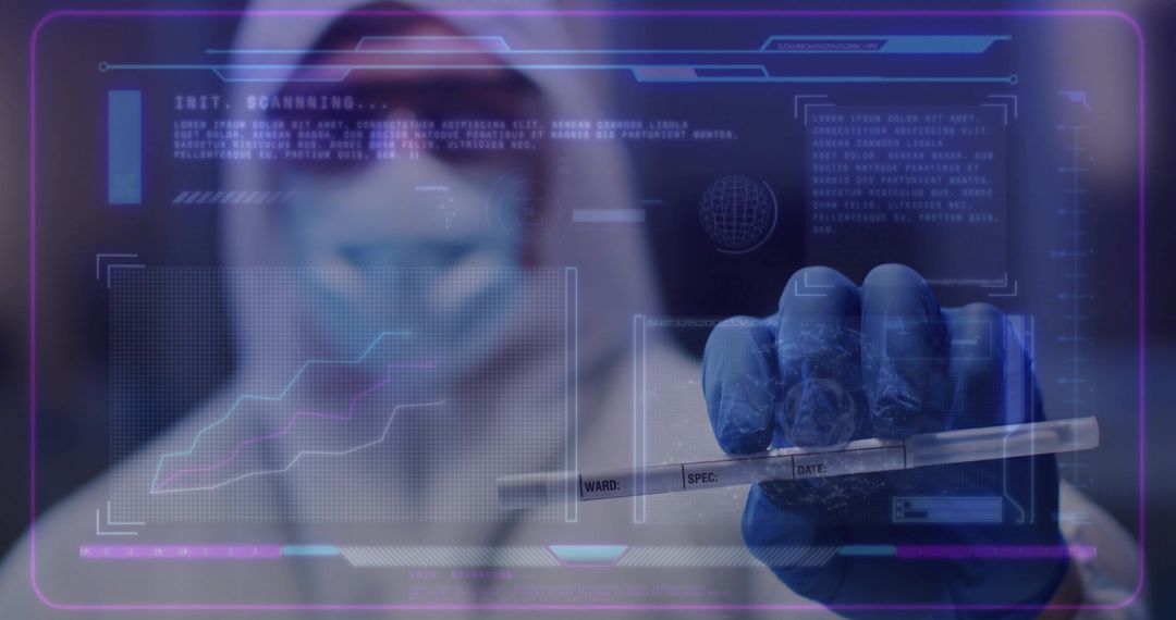 Lab technician wearing PPE holding specimen tube with augmented reality interface