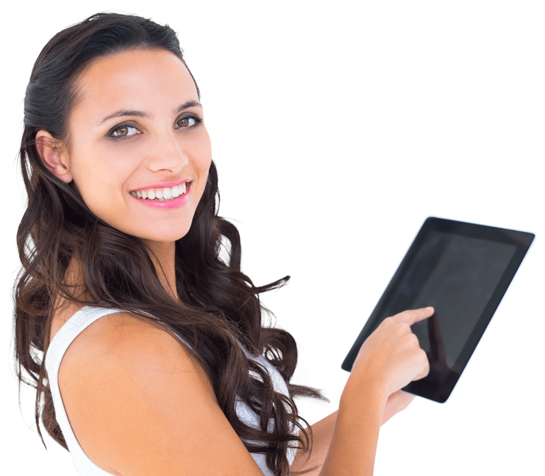 Smiling Brunette with Tablet Transparent Background