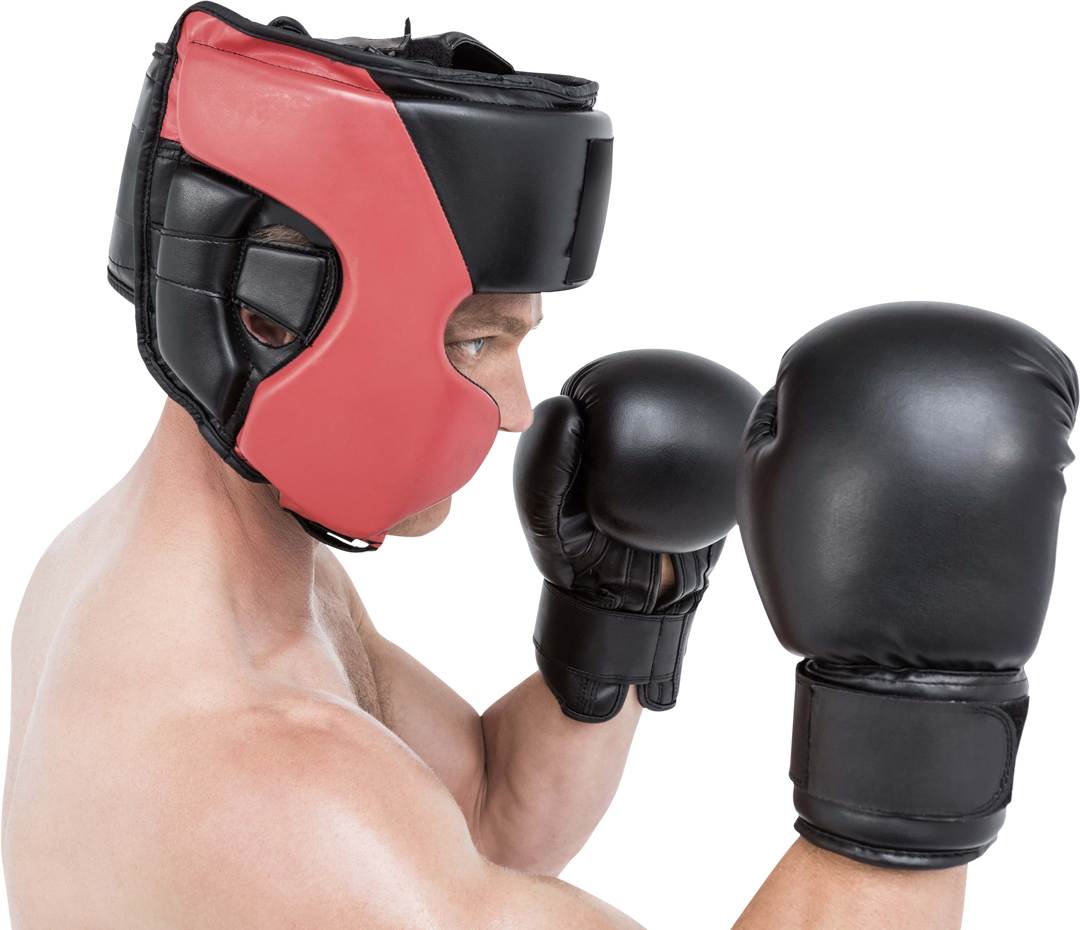 Boxer in Red Protective Headgear Performing Boxing Stance Isolated Transparent - Download Free Stock Images Pikwizard.com