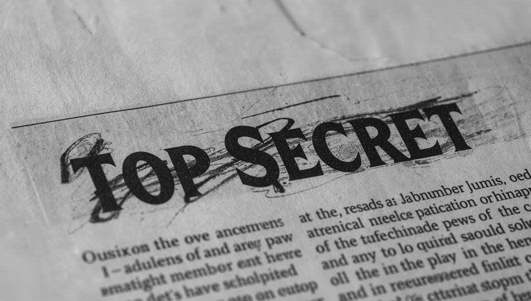 Top Secret Stamp on Aged Document with Handwritten Scribbles and Grunge Monochrome Texture