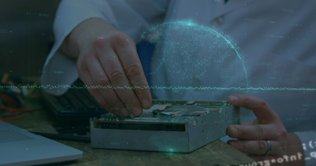 Technician Repairing Hard Disk Drive with Data Futuristic Interface - Free Images, Stock Photos and Pictures on Pikwizard.com