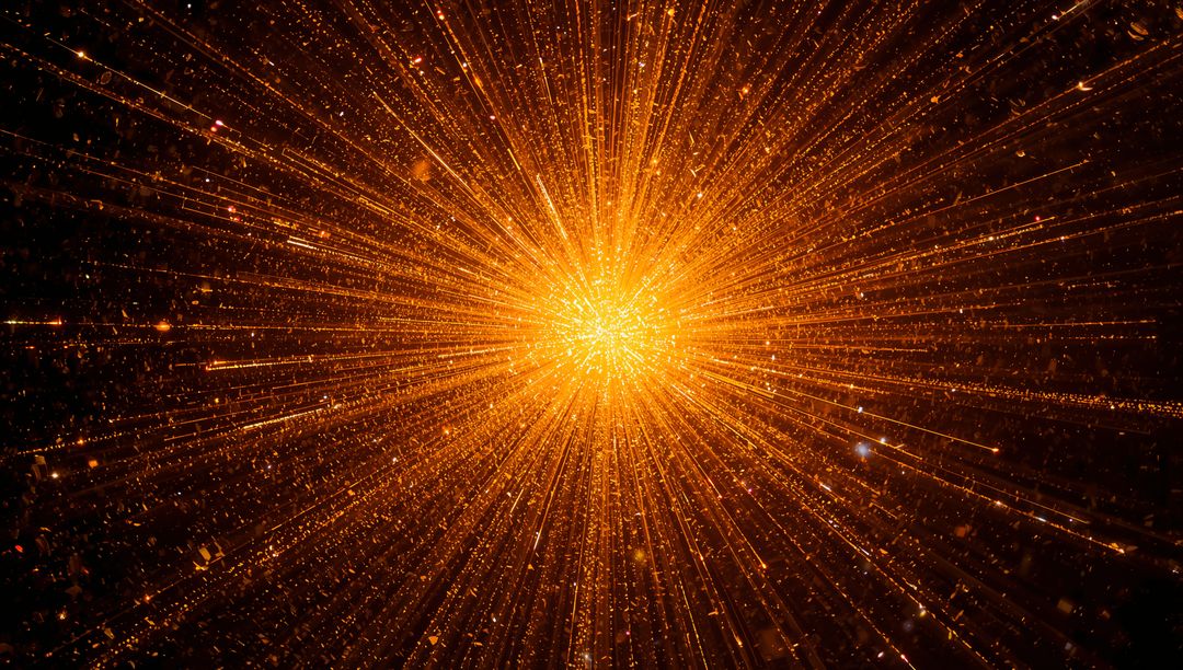 Golden core exploding, radiating streaks and sparks through dark void, luminous halo
