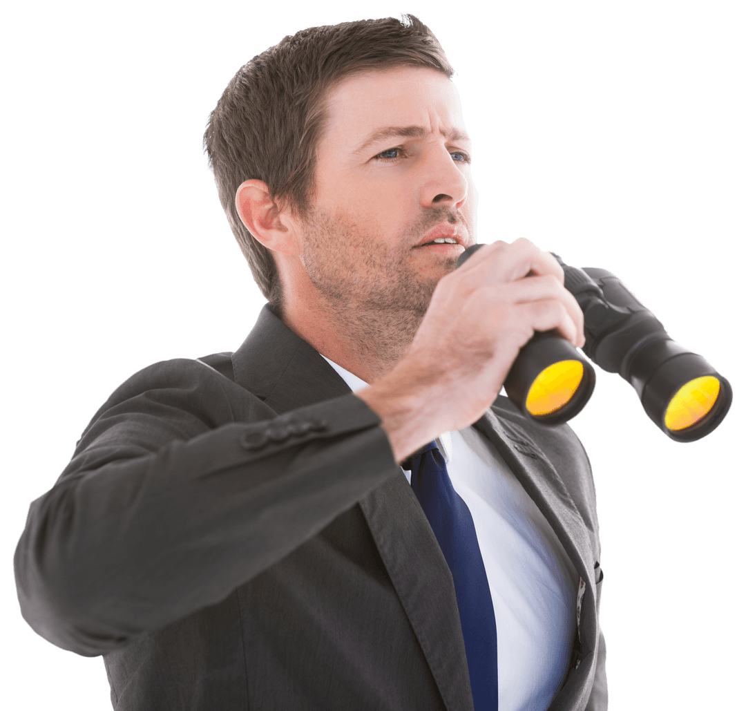 Transparent Focused Businessman Holding Yellow-Lens Binoculars