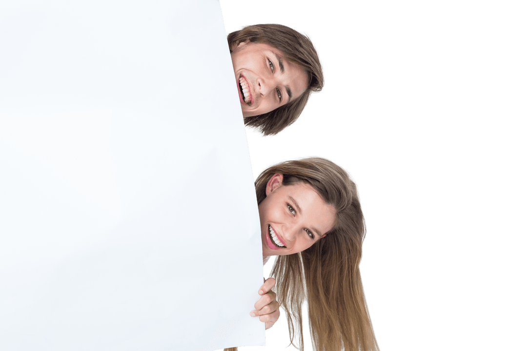Happy Hipster Couple Holding Blank White Banner on Transparent Background