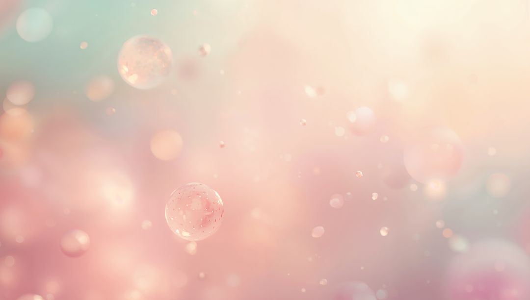 Floating Translucent Spheres Over Pastel Peach Pink Teal Bokeh with Glittering Particles